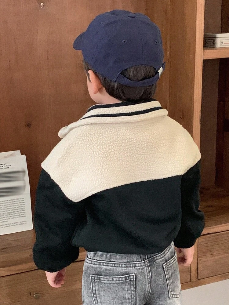 Baby Boy Letter & Lamb Wool Patchwork Contrast Color Long Sleeve Jacket Thermal Lined,Winter