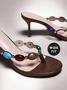 SHUZIA 女士宝石装饰细高跟日常复古性感沙滩优雅 PU 棕色高跟凉鞋 - 棕色 - 查看 7