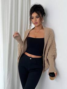 Elenzga 女式卡其色休闲套头开衫，复古街头风格，适合节日、独立日、音乐会、办公室、约会、职业装，蝙蝠翼廓形，中长款，优雅百搭的针织毛衣，秋冬 - 卡其色 - 查看 5