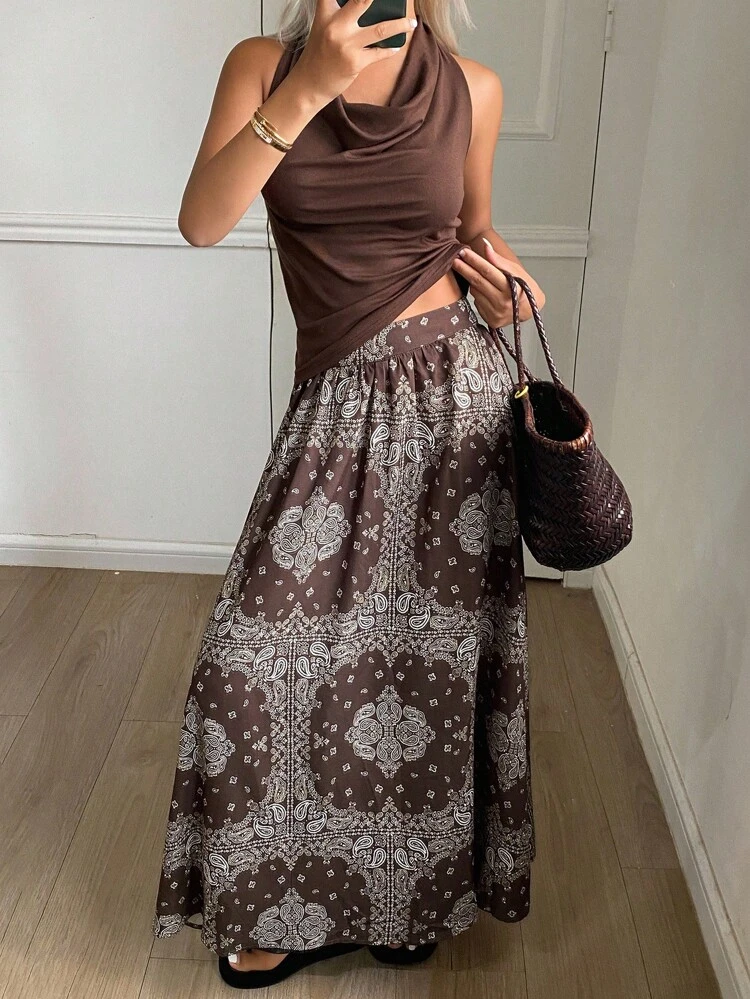 2pcs/Set Women's Solid Color Draped Neck Camisole And Skirt, Vacation Style Boho