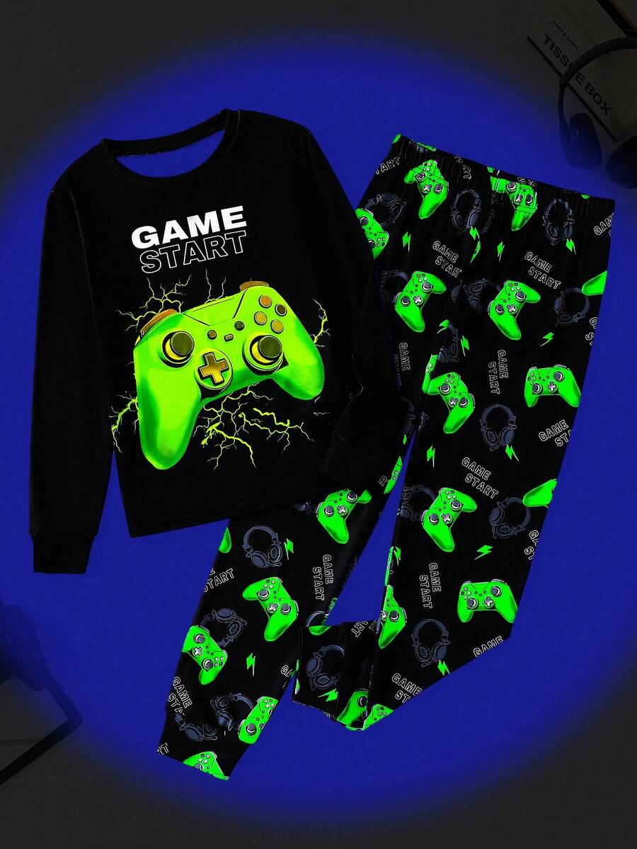 SHEIN 2pcs Tween Boy Glow Game Console Graphic Crew Neck Long Sleeve Top And Pants Comfortable Loungewear Set - Black - View 1