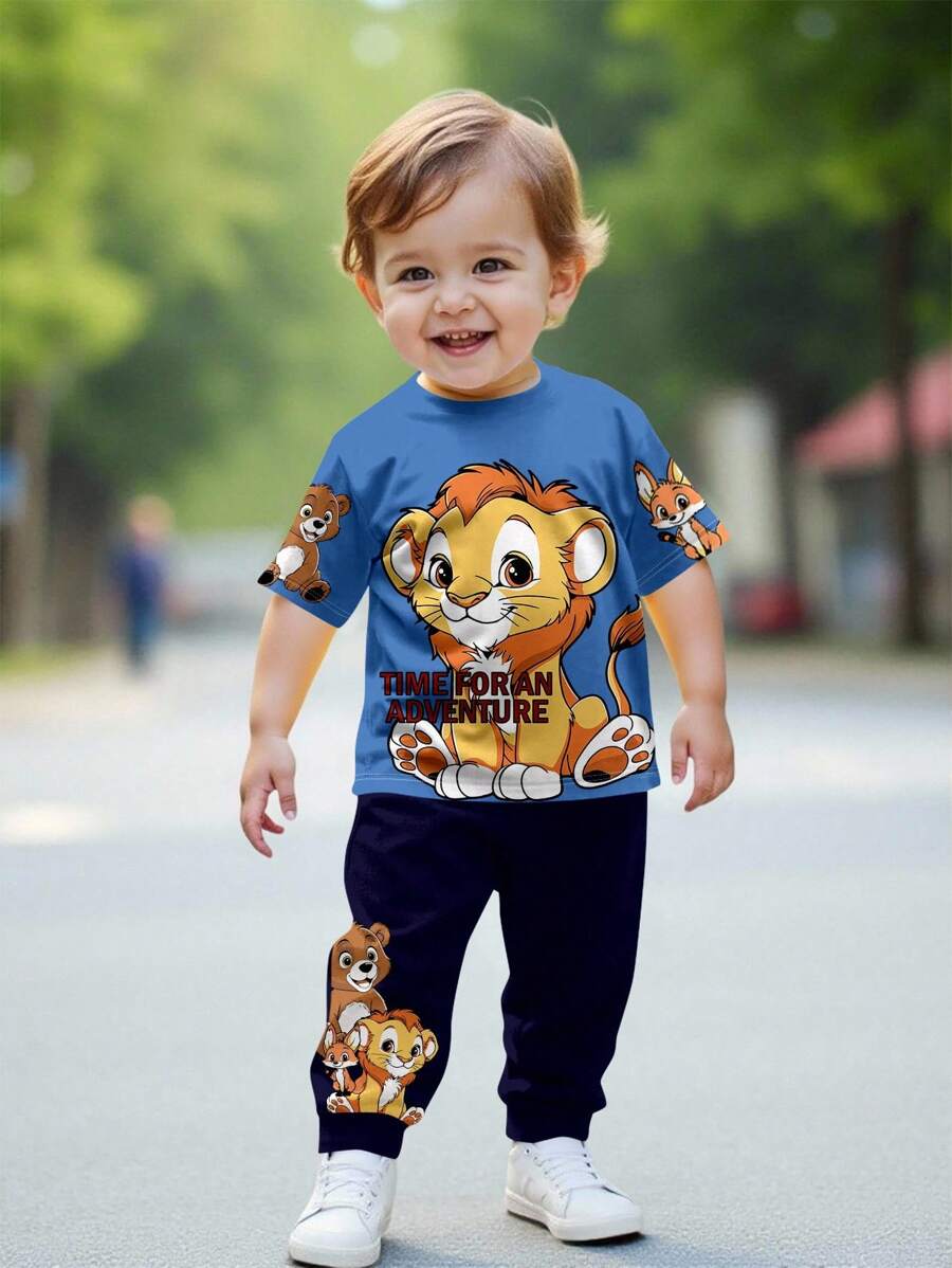 SHEIN Baby Boys' Casual Cartoon Lion Print Round Neck Short Sleeve Top And Pants Set