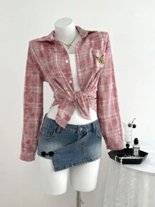 Elamini Quần short denim viền bất đối xứng có túi và nút cho nữ - Màu xanh lam - Xem 7