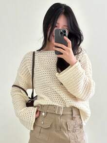 DAZY Hollow Out One-Shoulder Loose Knit Sweater Women, Cropped Flare Sleeve Pullover Fall - Apricot - View 3