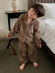 DAZY Pyjama en flanelle de couleur unie confortable à manches longues pour bébés garçons, doublure thermique pour automne/hiver, pour tout-petits - Marron - Voir 6