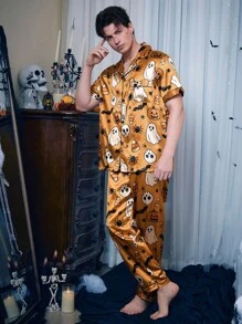 CoupledUp 男士仿丝万圣节鬼南瓜印花短袖睡衣套装 - 橘色 - 查看 4