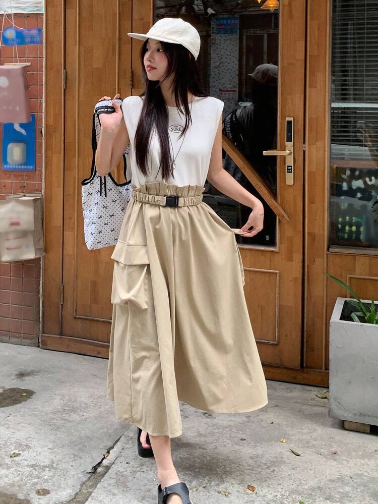 Women's Utility Pockets Patchwork Fresh Casual Round Neck Sleeveless Mid-Length Dress Sundress Maxi Dress