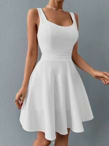 EURMUSE Solid Scoop Neck Flare Hem Dress - White - View 7