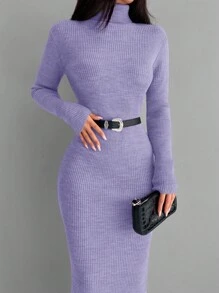 EURMUSE Solid Color High Neck Bodycon Sweater Dress - Purple - View 4