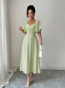 Modelyn Women's Solid Butter Yellow Chiffon Ruffle Sleeve Design Summer French Style Vacation Dress - Green - View 6