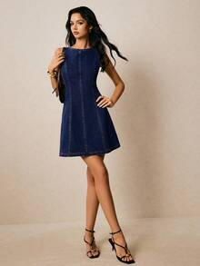 Poéselle Women's Casual Sleeveless Round Neck Backless Tie-Up Denim Dress