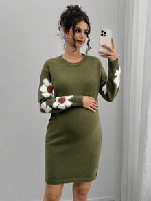 Momance Maternity Casual 3D Floral Fitted Knit Dress, Autumn/Winter