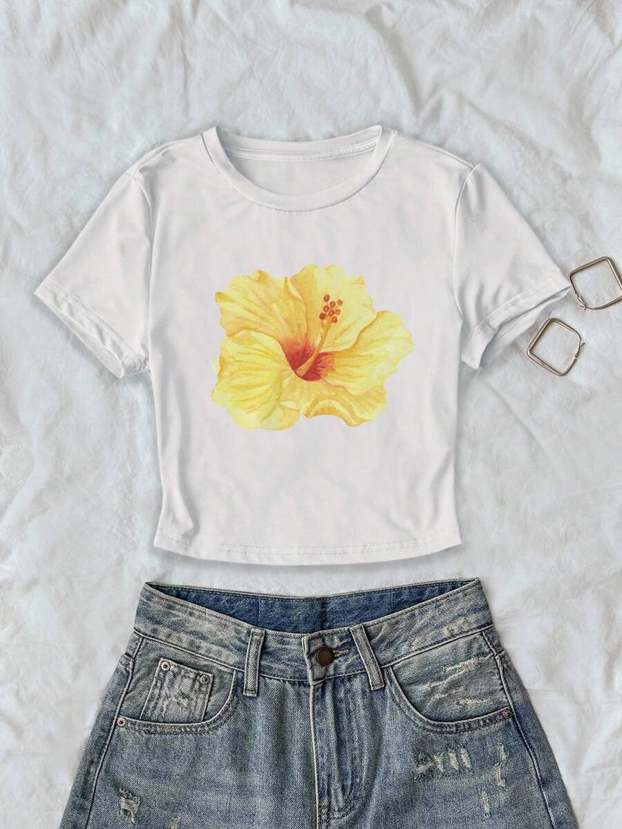 INAWLY Camiseta de manga corta con cuello redondo y estampado floral para mujer, de moda para el verano