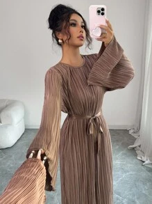 Elenzga Standard Size Women's Elegant Midi Dress With Flared Sleeves, Pleated Waist Tie Design Fall Cloth For Women