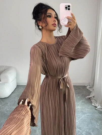 Elenzga Standard Size Women's Elegant Midi Dress With Flared Sleeves, Pleated Waist Tie Design Fall Cloth For Women