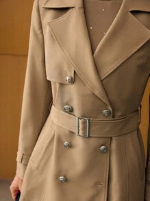 MOTF PREMIUM 翻领双排扣风衣 - 卡其色 - 查看 2