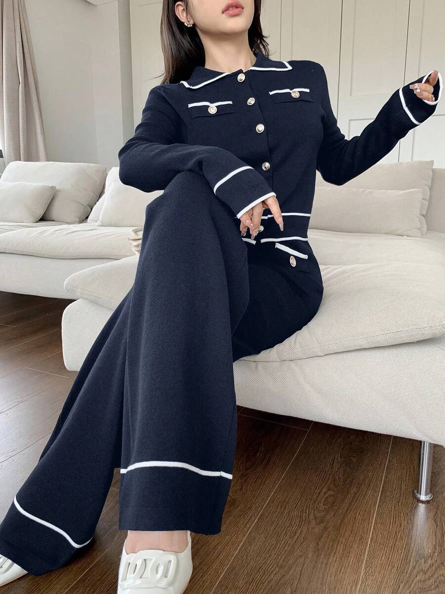 Feyla 2pcs Women Contrast Color Block Button Front Pocket Long Sleeve Top And Pants Set 2 Pieces Set In Fall/Winter - Blue - View 1