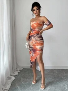 Elenzga 女士优雅露肩扎染开衩修身连衣裙，秋季长款女装 - 摩卡棕 - 查看 6