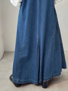 FRIFUL 女式V领口袋无袖宽松休闲牛仔连衣裙 - 藍色 - 查看 4
