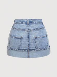 SHEIN MOD Váy mini denim hở gấu phong cách đường phố giản dị mùa hè cho nữ - Màu xanh lam - Xem 2