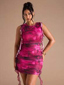 SHEIN BAE Plus Size Women Mesh Floral Print Ruffle Tie Waist Mini Dress - Black - View 1