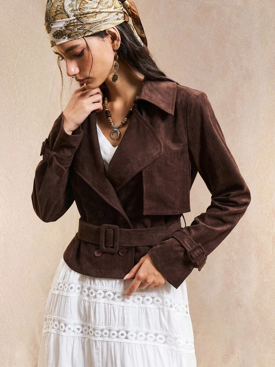 Easelle Cowgirl Women's Western Vintage Bohemia Dark Brown Woven Women's Lapel NeckLong Sleeve Double-Breasted Casual Trench Coat Fall Winter Clothes Women, - Coffee Brown - View 1