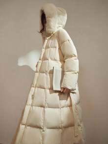 DAZY 女士优雅拼布毛领腰带厚垫长款大衣，秋冬 - 白色 - 查看 2