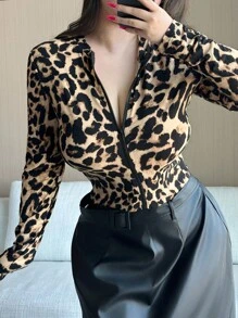 Dazy Plus Veste courte à manches longues en jersey léopard élastique pour femmes grandes tailles, nouvelle arrivée pour le début de l'automne - Kaki - Voir 7