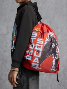 GODZILLAxKONG X SHEIN 1 件卡通字母图案抽绳背包、健身包、帆布背包、休闲包、旅行包、运动沙滩包、男女通用 - 紅色 - 查看 3