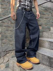 Manfinity EMRG 男士口袋宽松阔腿休闲百搭牛仔裤 - 深色水洗藍 - 查看 3