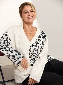 Momelise Tee-shirt à manches longues pour femmes grandes tailles, col en V, imprimé léopard patchwork. Tenue décontractée pour l'extérieur, campagne, vacances d'été tout blanc, promenade printanière ensoleillée, vacances, look vintage de fête. Pull tricoté marron d'automne pour femmes - Multicolore - Voir 7