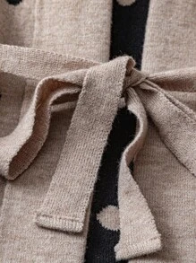 Franclia Cárdigan de punto holgado con cuello en V y cordón, con estampado de lunares aleatorio para mujer - Caqui - Ver 3
