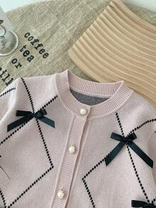 SHEIN Young Girl Geometric Pattern Bow Front Cardigan,In Fall/Winter