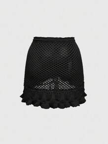 ROMWE Falda de punto calada de verano, casual y de vacaciones para mujer - Negro - Ver 2