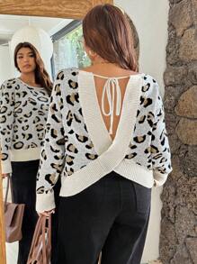 Vionelle Plus Size Women's French Style Loose Fit Leopard Print Pullover Sweater, Fashion Versatile Casual & Work Wear Leopard Print Top Leopard Print Sweater Animal Print Top Tie Back Top Open Back Top Fall Winter Cloth For Women Autumn - Multicolor - View 4