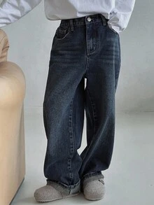 Dazy Kids 男童直筒百搭牛仔裤，秋季休闲裤 - 深色水洗藍 - 查看 4