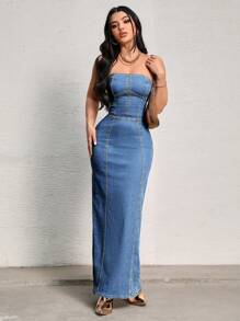 SHEIN SXY 劈叉筒牛仔裙 - 中等水洗藍 - 查看 3