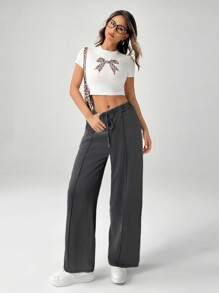 SHEIN PETITE Snow-Washed Women's Drawstring Wide Leg Sweatpants Baggy - Dark Grey - View 4