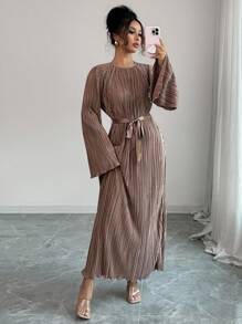 Elenzga Standard Size Women's Elegant Midi Dress With Flared Sleeves, Pleated Waist Tie Design Fall Cloth For Women