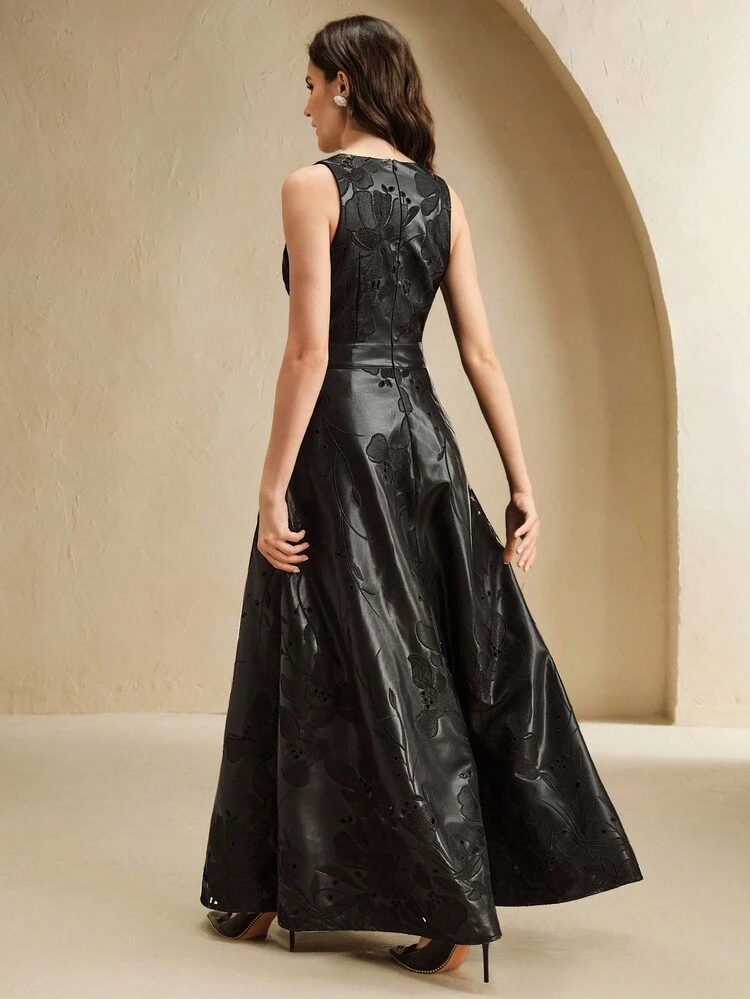 Vestido de estilo callejero con mangas sin mangas, con bordado floral 3D y volantes en PU negro para mujer, nuevo para otoño/invierno