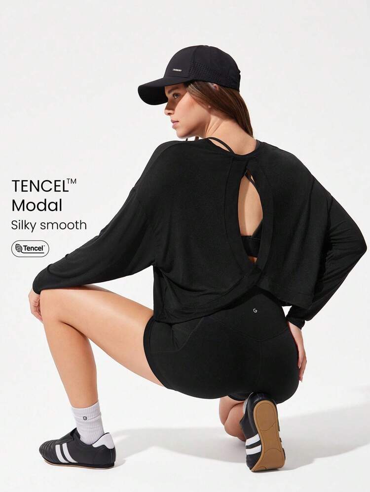 Modal Oversized Long Sleeve Tee With Keyhole Back Low Impact Yoga Pilates Daily Casual Spring Summer