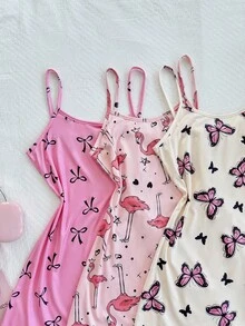 SHEIN Bộ 3 món Dream Adore: Áo ngủ hai dây in họa tiết bướm, nơ và hồng hạc - Nhiều màu - Xem 6
