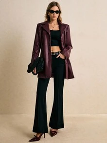 Poéselle Women's Burgundy Faux-Leather Blazer Jacket,Oversized Vegan Leather Button-Front Coat,Chic Autumn Night Out,Quiet Luxury Lapel Neck Long Sleeve Jacket - Burgundy - View 3