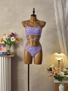 SHEIN Swim 夏日沙灘鮮花迷你交叉綁帶比基尼 - 彩色 - 查看 6