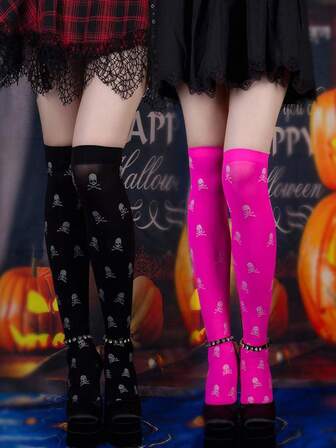 Grunge Punk 2 Pairs Halloween Skeleton Sexy & Cool Street Style Thigh High Socks For Women