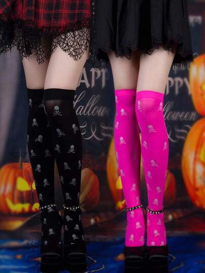 Grunge Punk 2 Pairs Halloween Skeleton Sexy & Cool Street Style Thigh High Socks For Women