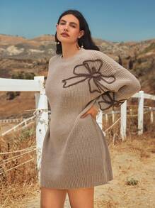 Freevana Plus Size Women Floral Embroidery Pattern Dropped Shoulder Loose Knit Sweater Dress, Casual Everyday Wear, Autumn/Winter Knit Dress Earth Tone Dress Autumn Dress Fall Clothes For Women Winter Clothes For Women Business Casual Woman Fall Clothes Plus Size Boho Rave Fairycore Office Autumn Festival Alt