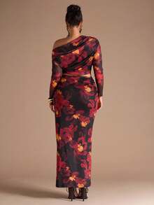 SHEIN BAE Plus Size Fall Elegant Sexy Women All Over Large Floral Mesh Print Asymmetrical Off The Shoulder Long Sleeve T-Shirt And Long Skirt Ladies Two Pieces Fairy Core Suit - Red - View 2