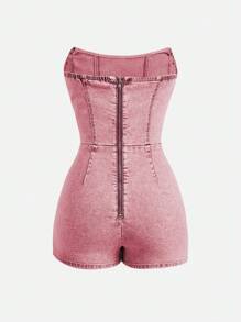 SHEIN EZwear Bộ đồ liền thân denim viền bất đối xứng cỡ lớn dành cho nữ - Hồng - Xem 6