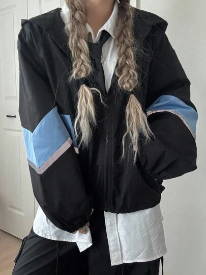 FRIFUL 女士休闲拼色连帽超大夹克 Y2K 美学服装 90 年代韩版服装